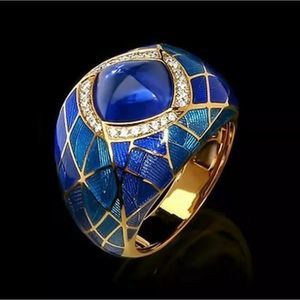 18k gold/925 ss blue enamel and zircon sapphire artsy boho statement ring new
